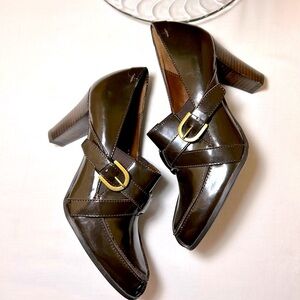 Franco Sarto Glossy Dark Brown Heeled Loafers with Gold Buckle